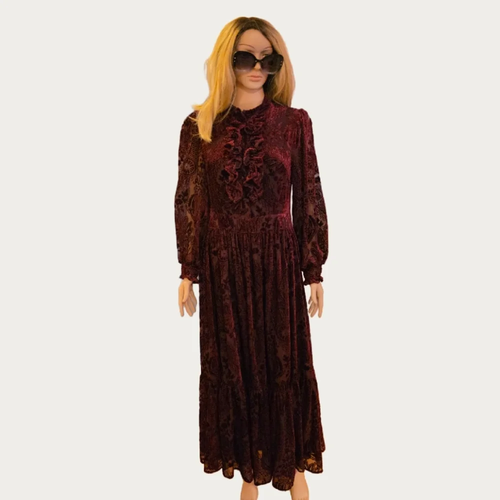 MOTF FLORAL FLOCKING Velvet Long Sleeve Dress in Deep Burgundy  M - Picture 2 of 16
